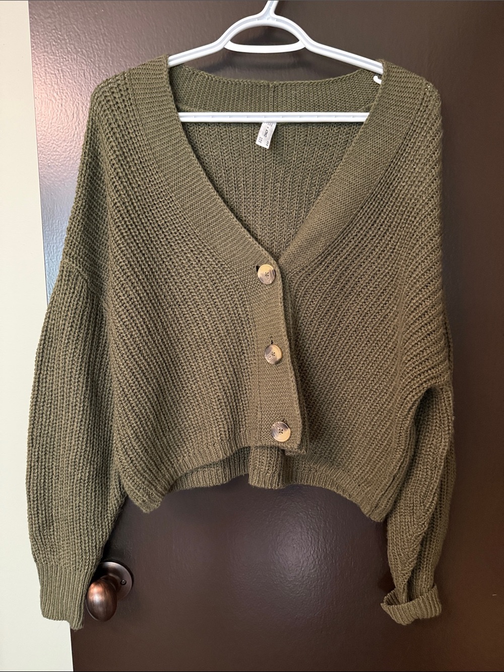 Only Olive Green V-Neck Button-Front Cropped Cardigan